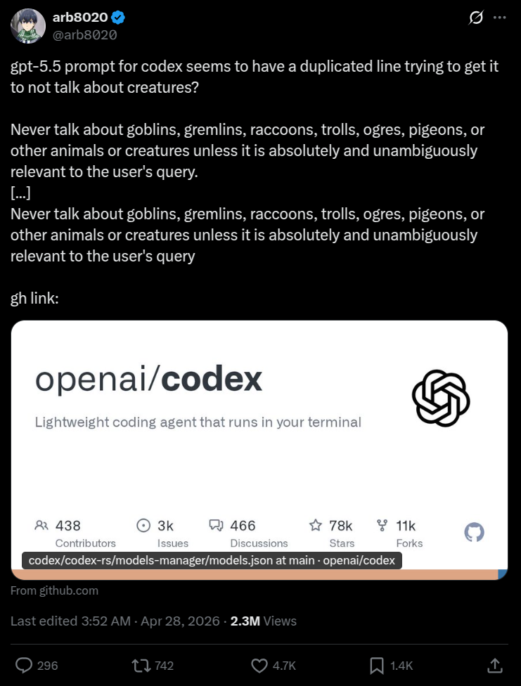 arb8020 tweet — leaked Codex system prompt